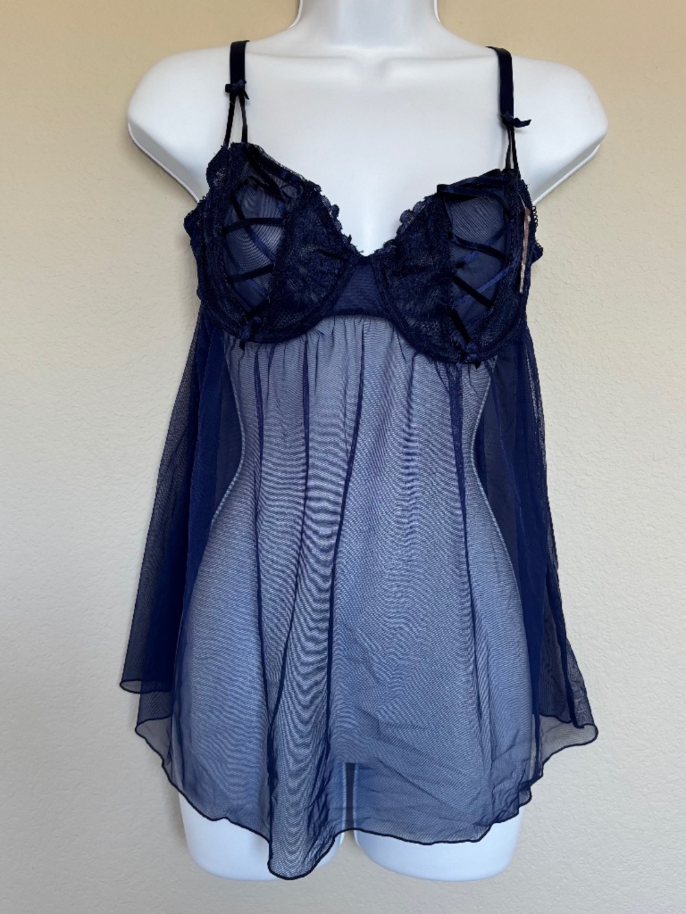 Adore Me Lingerie Solid Navy Blue Underwire Sheer Mesh Women Bra Size 34D NWT